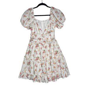 Altar’d State Libby Floral Mini Dress Puff Sleeves White Pink Orange Flowers M